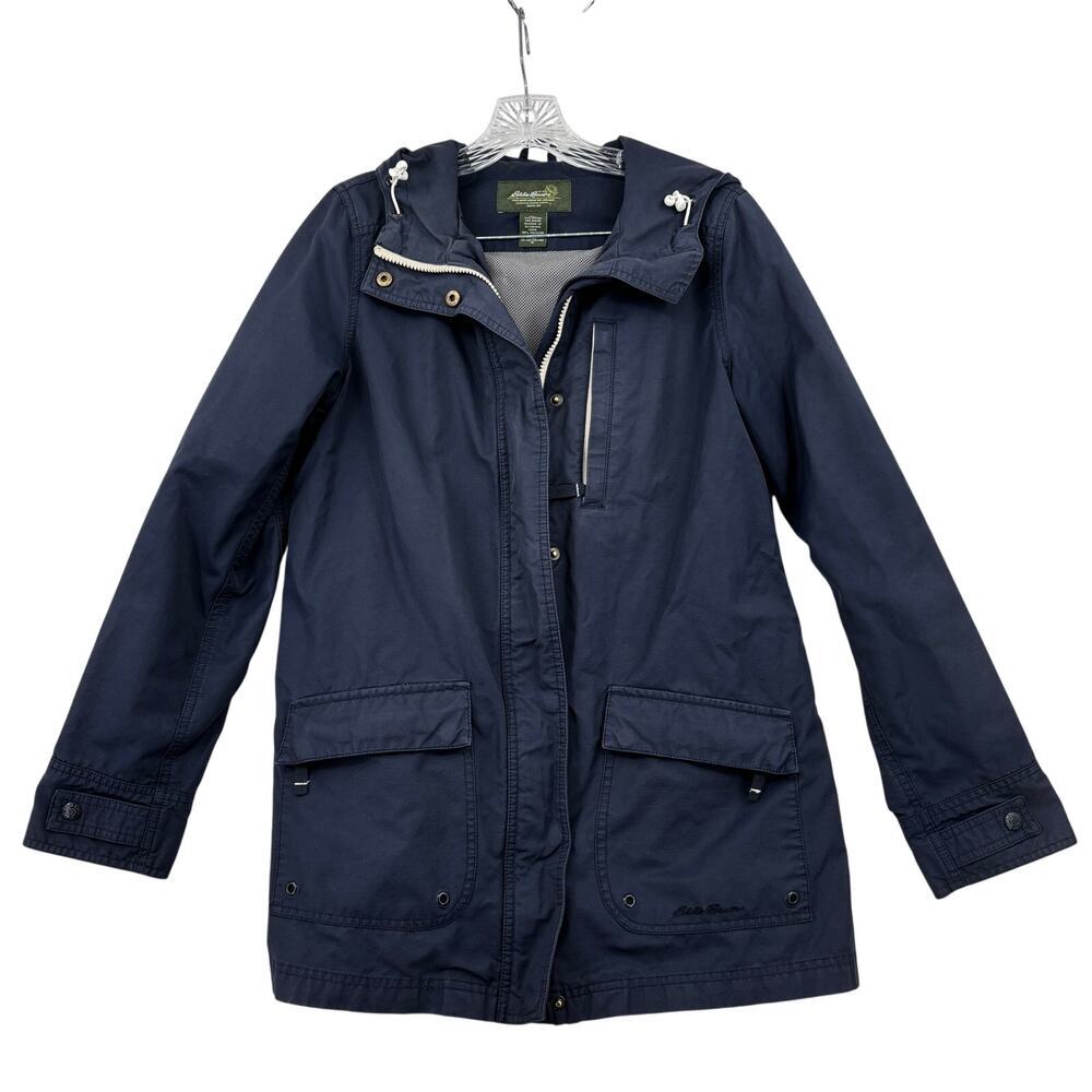 Eddie Bauer Hooded Jacket Size M Navy Blue Pockets Full Zip Nylon Cotton